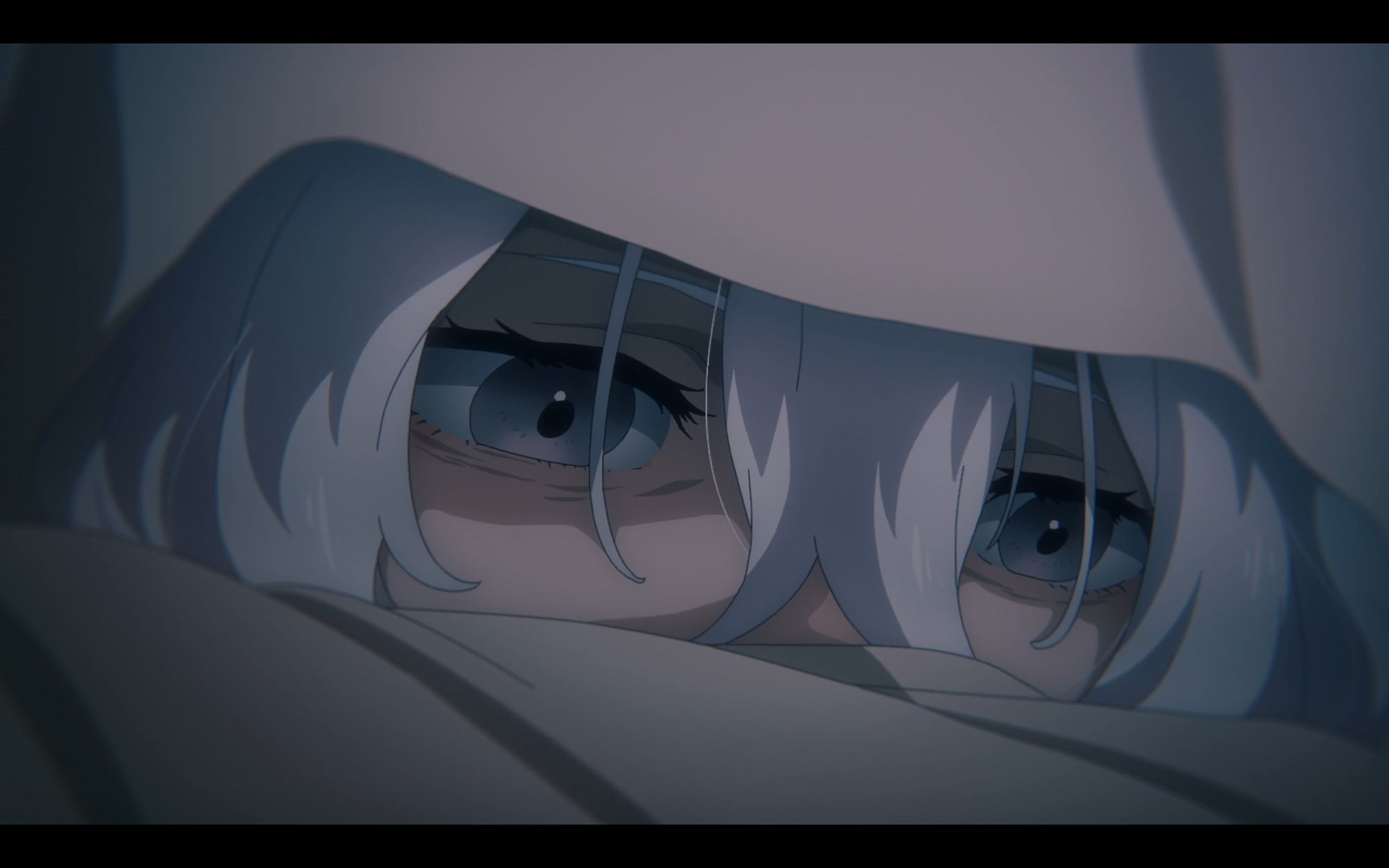 sad miorine under blankets