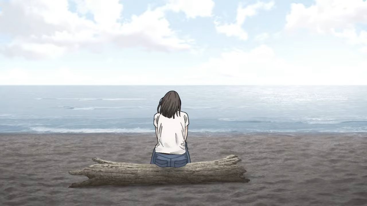 ryota's mom sits on driftwood