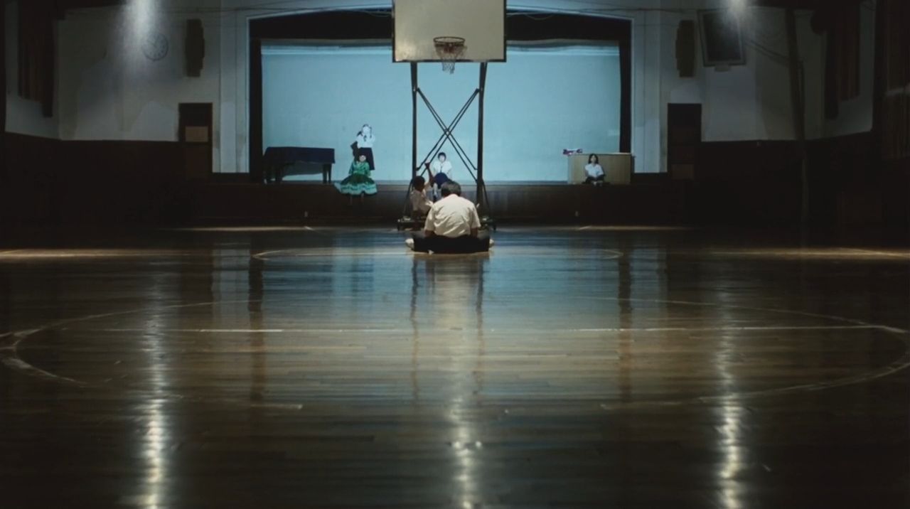 boy sitting on basketball court
