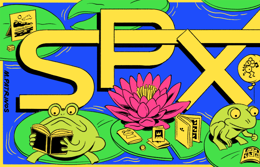 Frogs reading comics on lilypads SPX banner