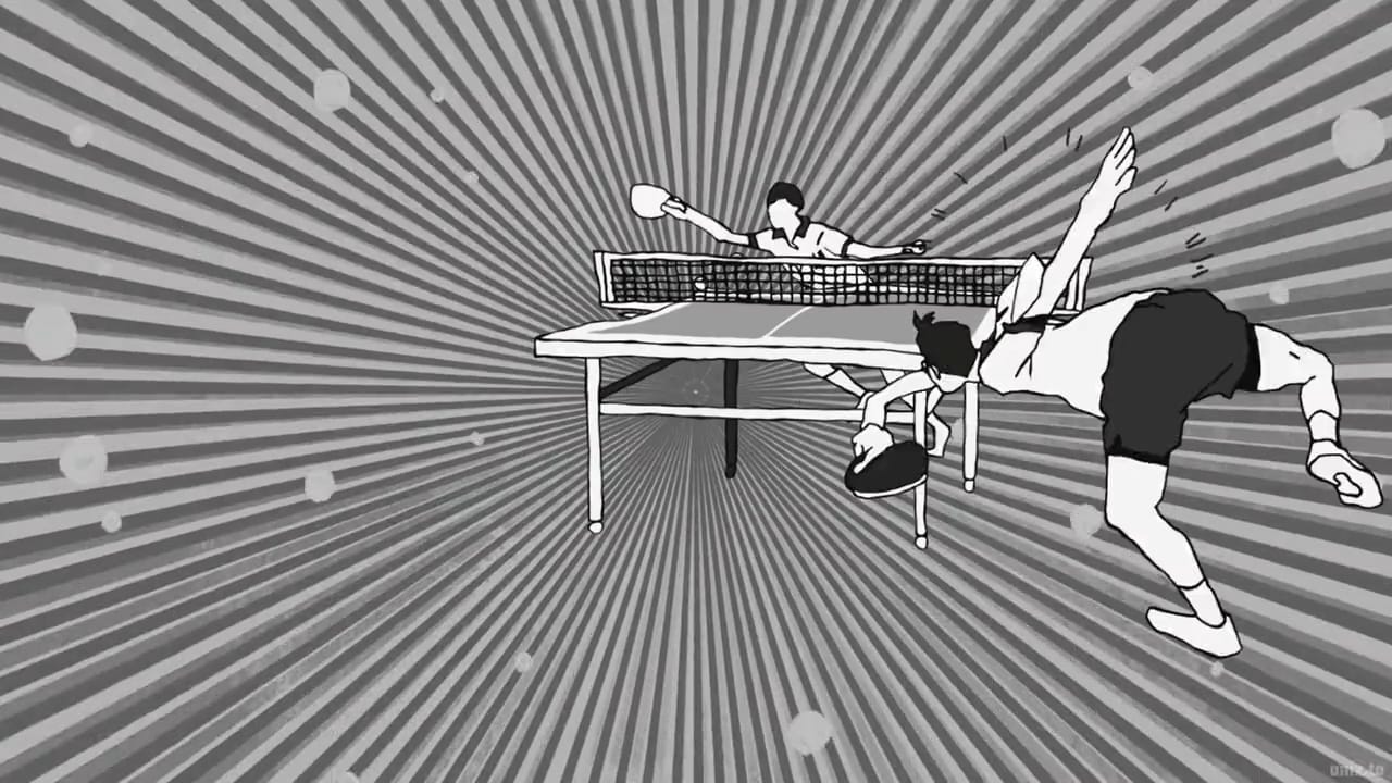 peco and smile play ping pong while black lines radiate from the match