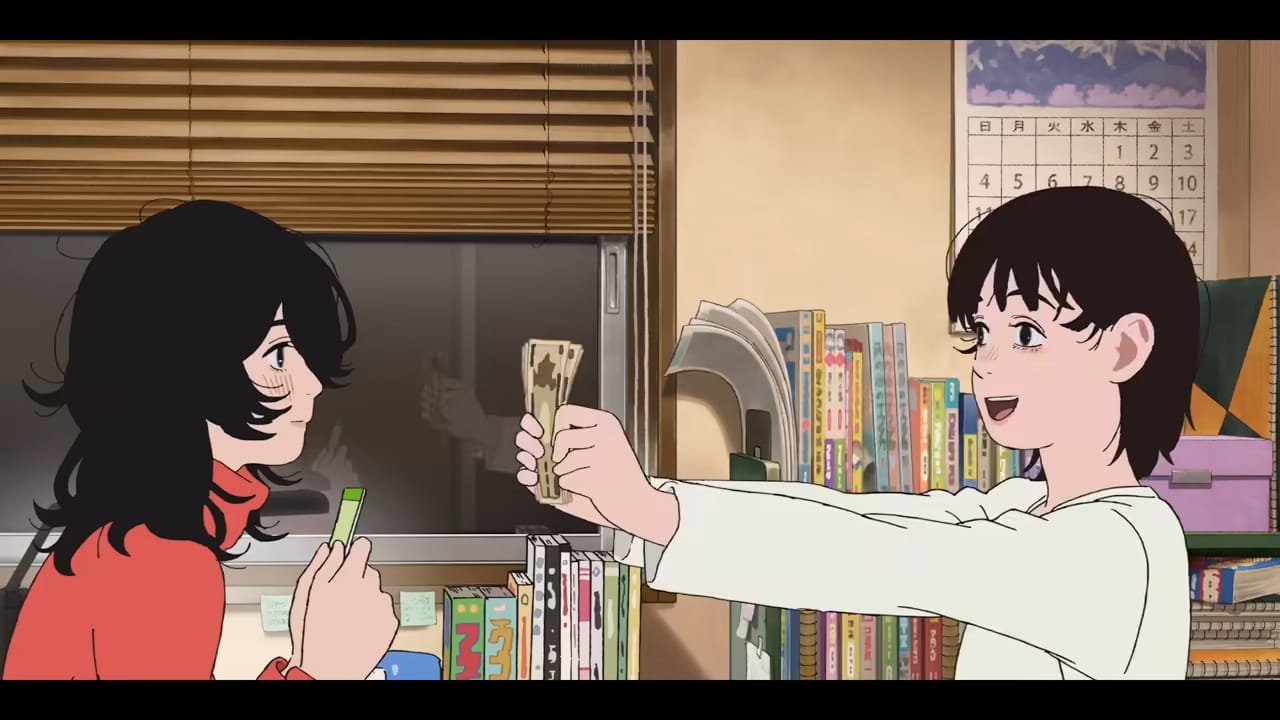 fujino shows paper money to a smiling kyomoto.