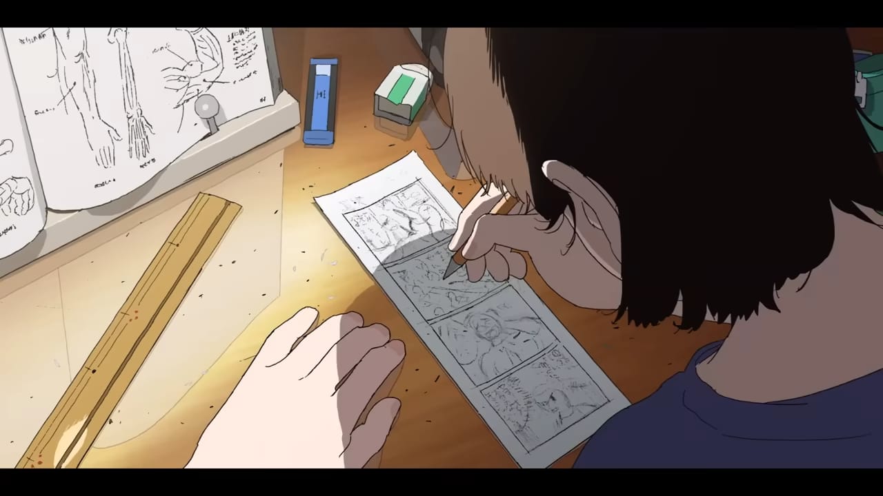 fujino draws a comic strip. you can see a ruler and individual pencil shavings.