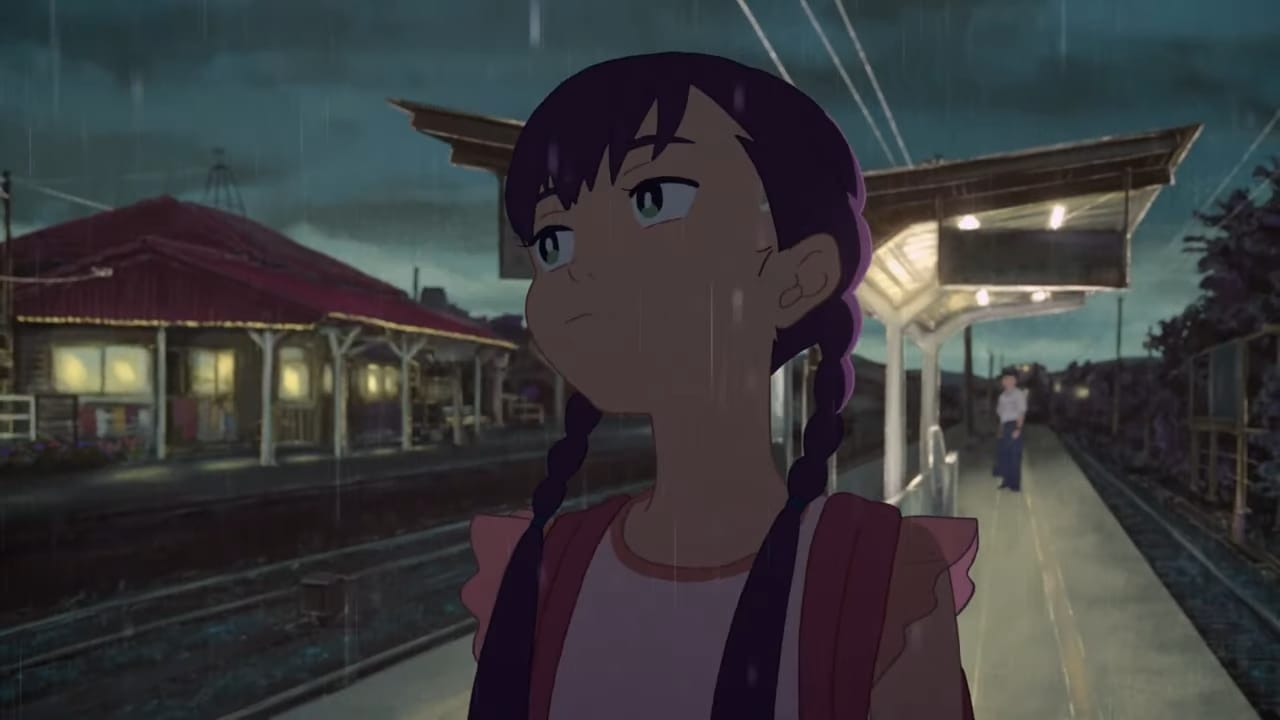 karin leaving the countryside train station in the middle of the night. her hair is in pigtails; it is raining. there is a policeman in the distance behind her.