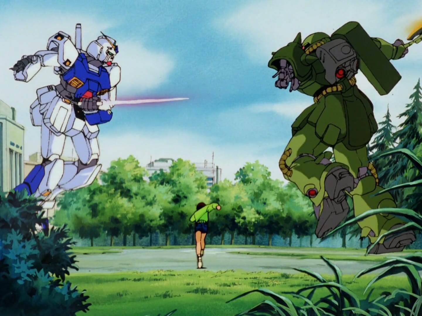 boy runs towards a gundam unit and a zaku engaged in combat. one of the zaku's arms has been torn off. it is wielding an axe, while the gundam has a laser sword in its remaining arm..