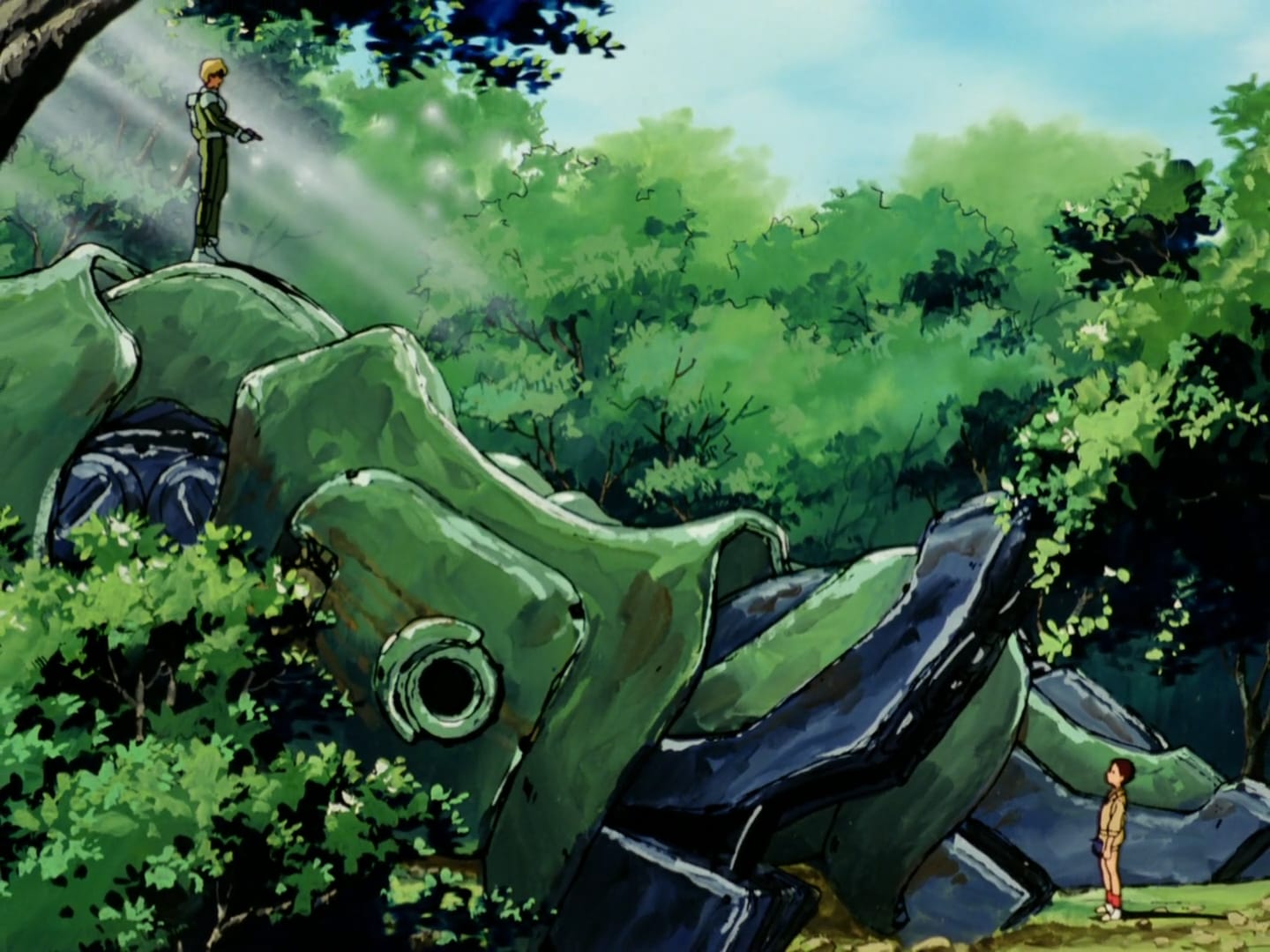 boy stares at soldier standing at top of downed zaku in forest