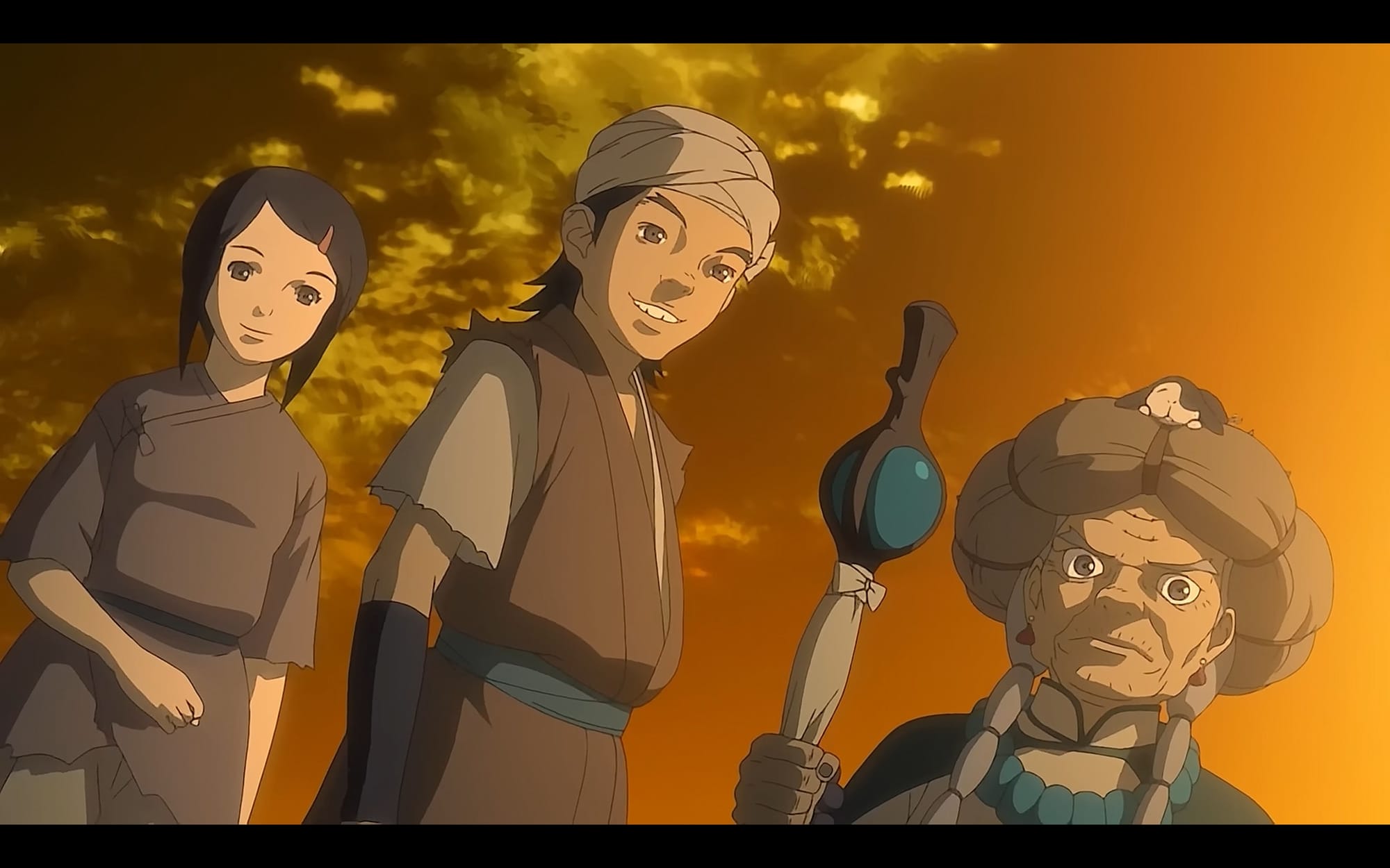 balsa's friends: torogai the old shaman, with a small bunny sitting in her headdress. also, toya and saya, two young people wearing peasant clothes.