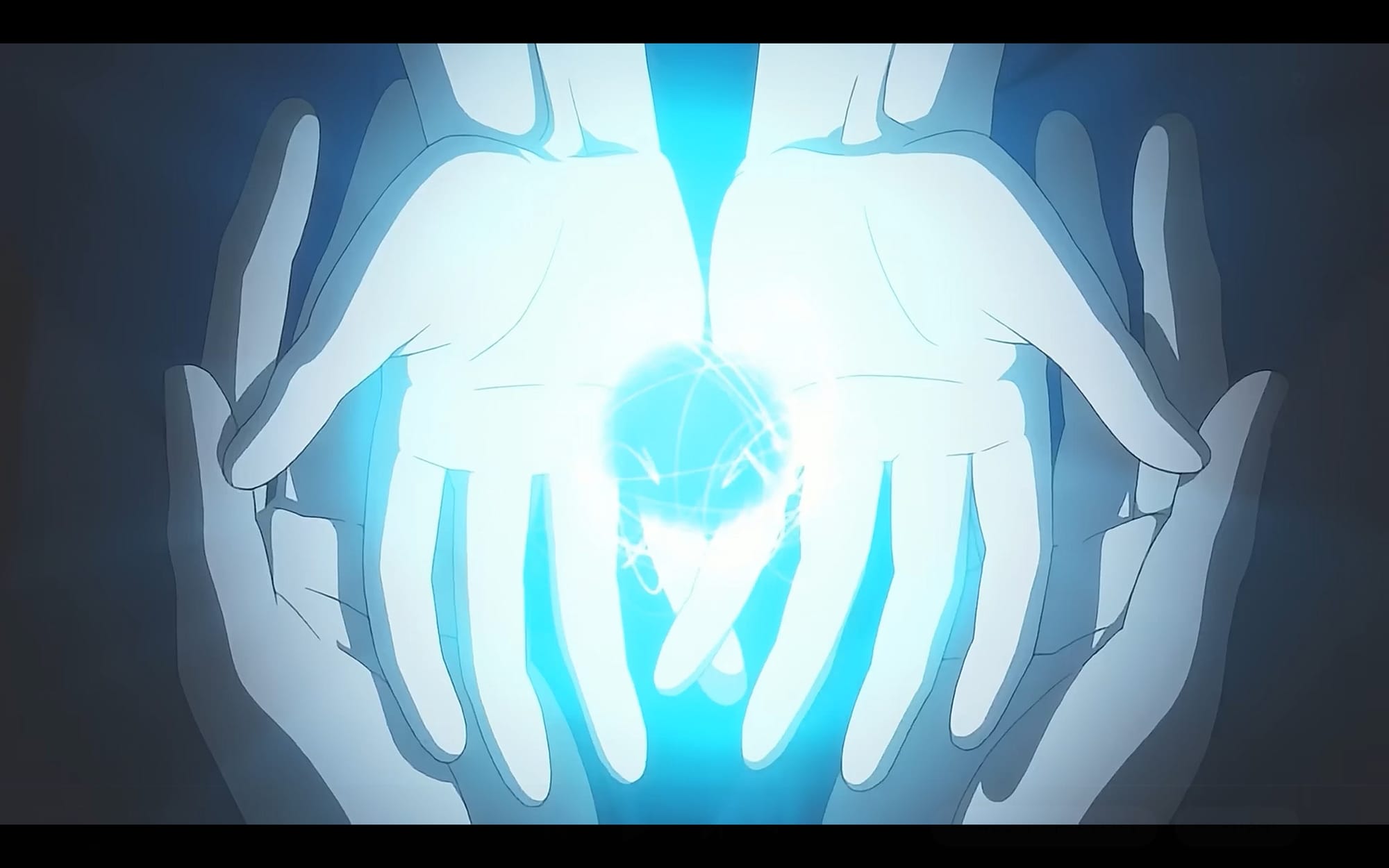 hands grasp the water spirit egg, a glowing blue orb surrounded by energy