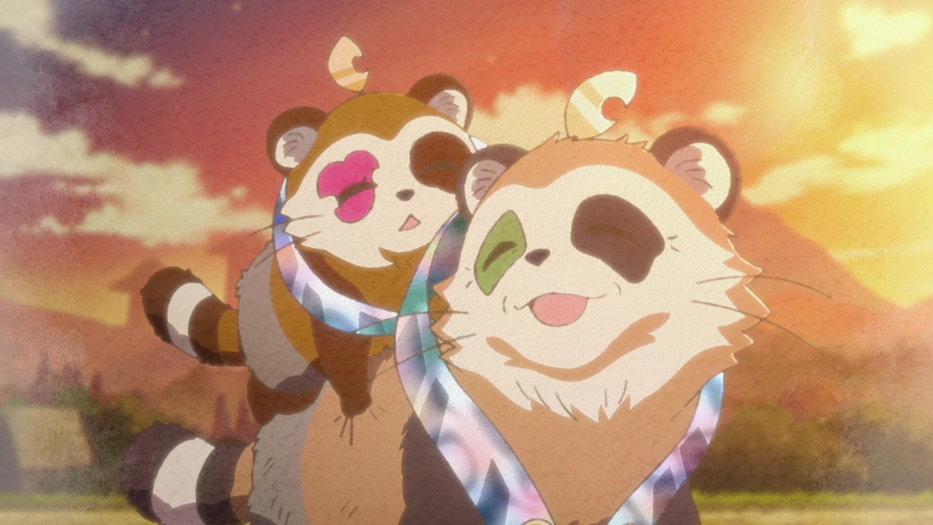 A young tanuki clutches the back of a singing older tanuki.