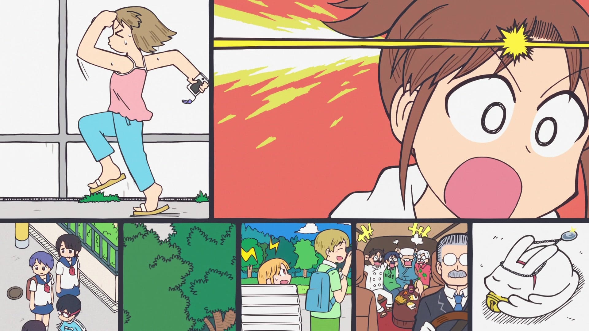 seven panels from left to right, including: a girl runs, another girl has a sudden realization, four kids chat, trees, a woman on a bench shouts at a man, a butler drives a vehicle with many noisy guests, and an animal wearing a pendant naps.