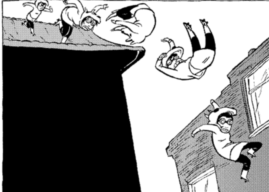 a woman wearing a hoodie leaps from the top of a building while wearing rollerskates