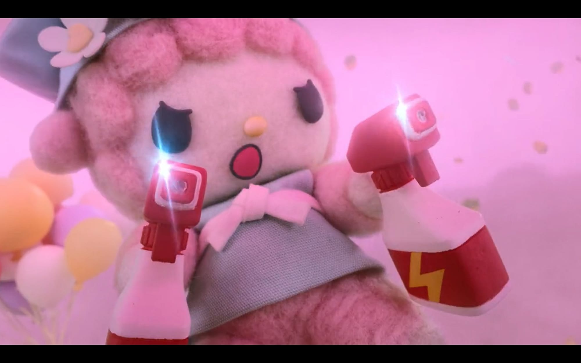 A fluffy pink lamb brandishes cleaning spray containers marked by lightning bolts.