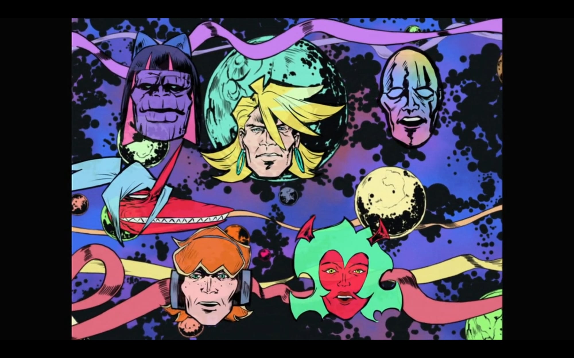 six faces stare out from a cosmic background.