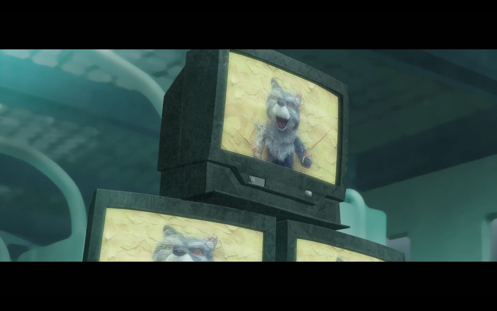 A wolf puppet made out of real-life fabric is displayed on three stacked televisions.