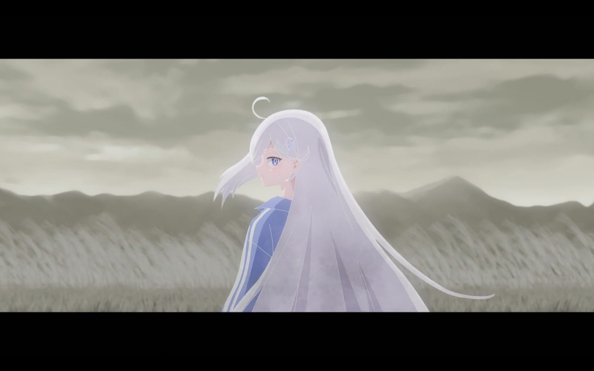 A girl with white hair turns to look at the viewer. In the background is a field of wheat.