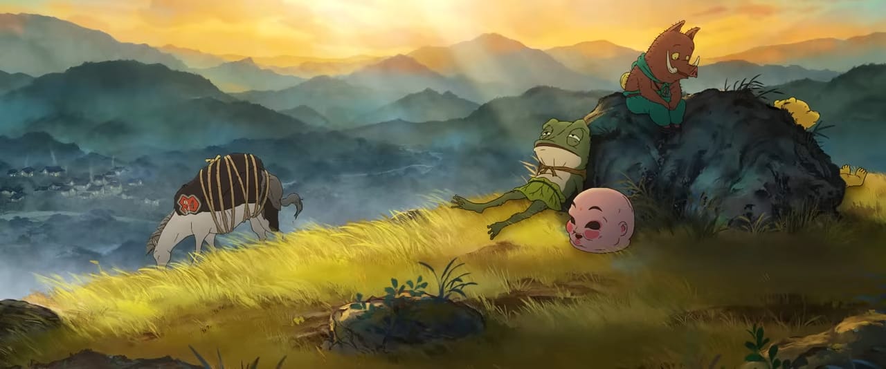 a pig, a frog and a weasel lean against a rock. next to the frog is a big pink mask. nearby, ape is tied to a horse.