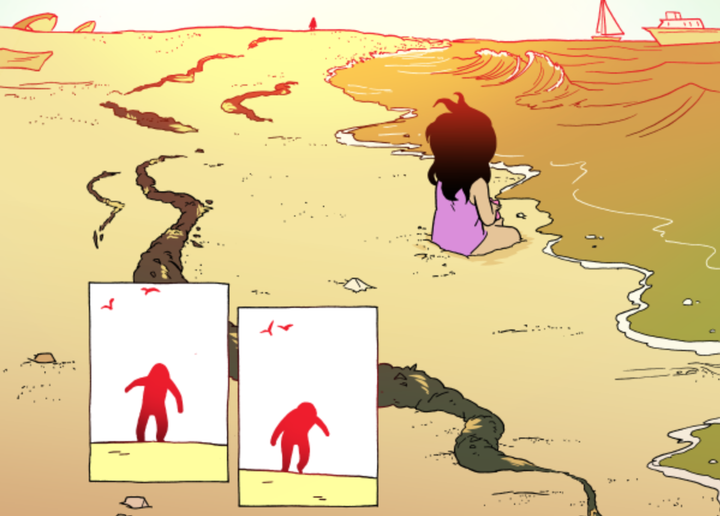 a young woman in a pink one-piece swimsuit sits on the beach, watching as a figure approaches on the horizon