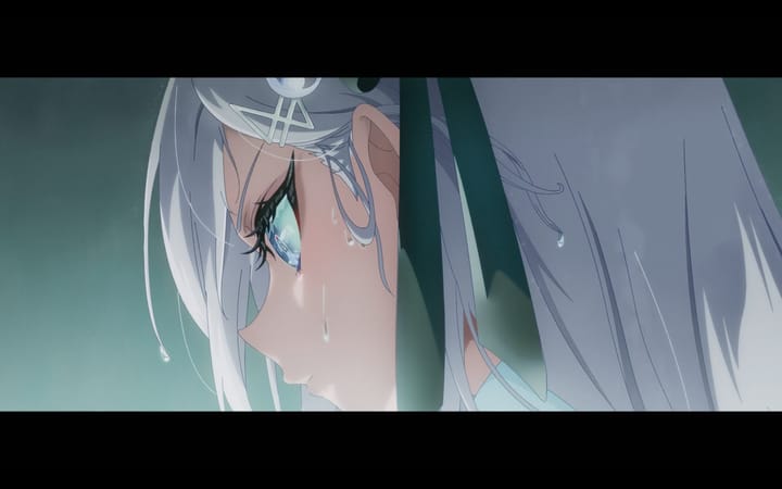 The face with a girl with white hair and large blue eyes can be seen in close-up, with water dripping down.